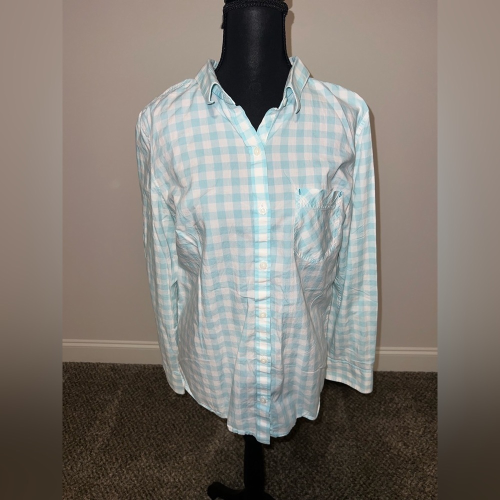 Patagonia Long-Sleeve Brookgreen Shirt in aqua gingham print organic cotton 14